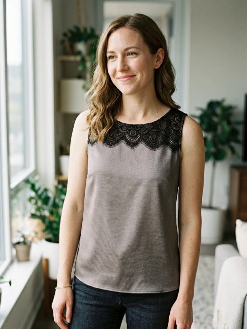 Anne Klein Lace Trim Sleeveless Blouse in Gray